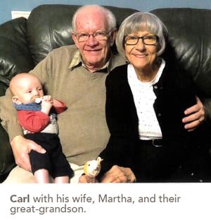 Carl with his wife, Martha, and their great-grandson.