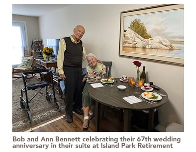 Bob and Ann Bennett celebrating their 67th wedding anniversary in their suite at Island Park Retirement Residence