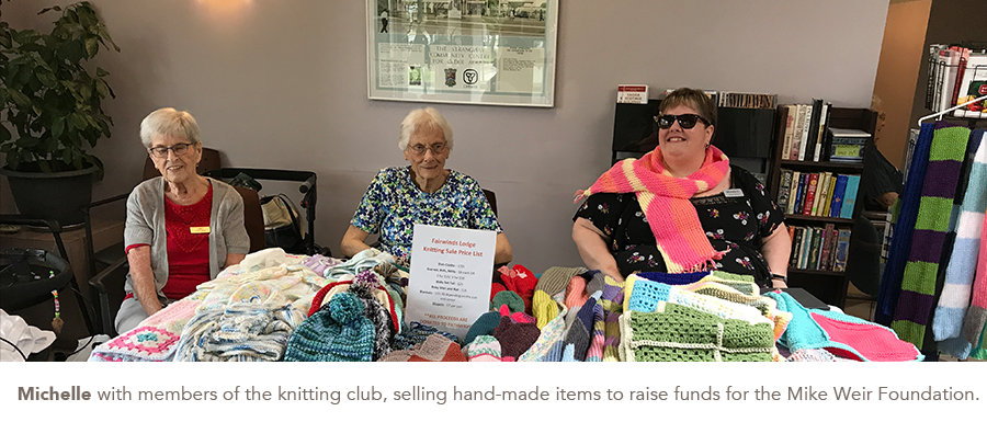 Michelle with members of the knitting club, selling hand-made items to raise funds for the Mike Weir Foundation.