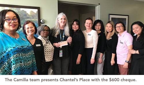 The Camilla team presents Chantel’s Place with the $600 cheque.