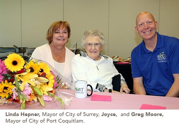 picture of Joyce with the 2 mayors